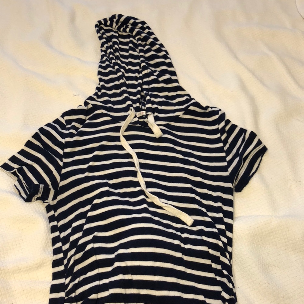 Navy blue and white hooded maternity dress
